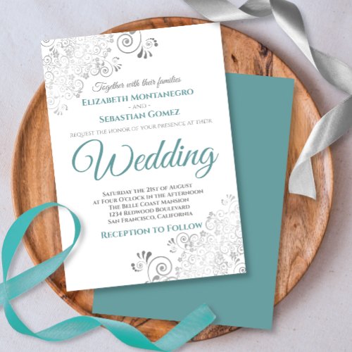 Silver Frills Simple Chic Teal and Gray Wedding Invitation