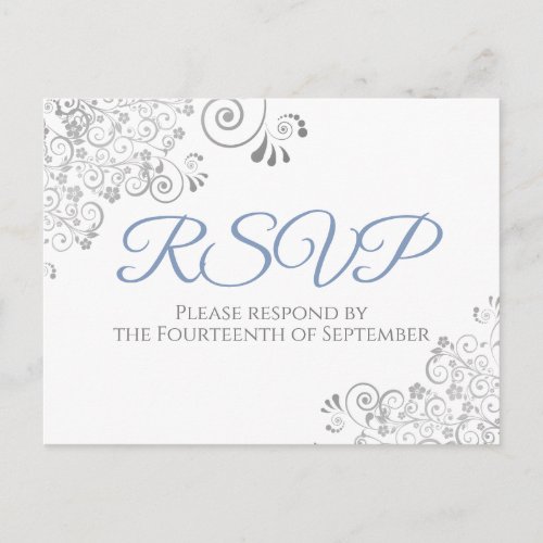 Silver Frills Simple Elegant Blue Wedding RSVP Postcard