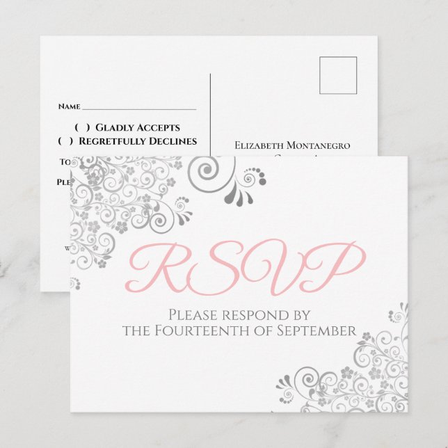 Silver Frills Simple Elegant Pink Wedding RSVP Postcard (Front/Back)