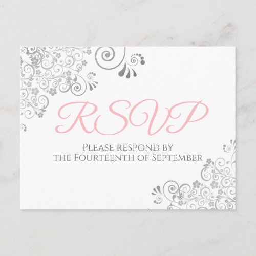Silver Frills Simple Elegant Pink Wedding RSVP Postcard