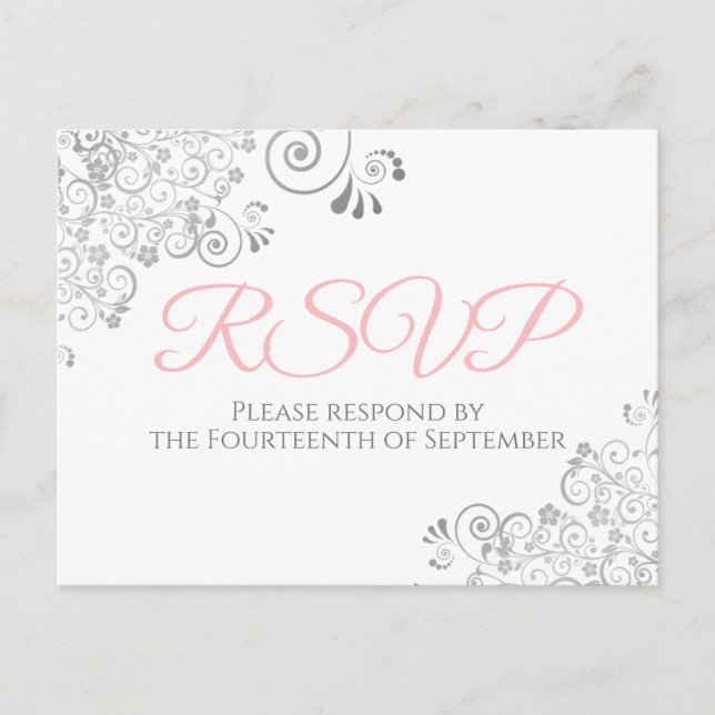 Silver Frills Simple Elegant Pink Wedding RSVP Postcard (Front)