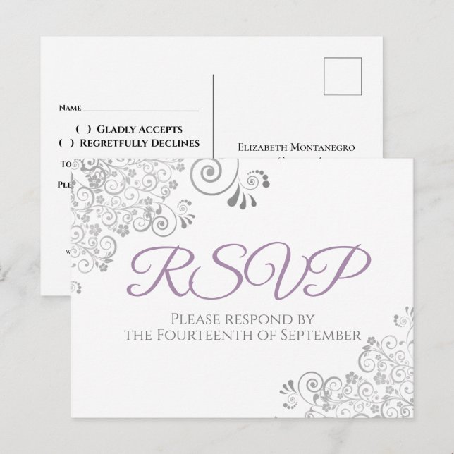 Silver Frills Simple Elegant Purple Wedding RSVP Postcard (Front/Back)