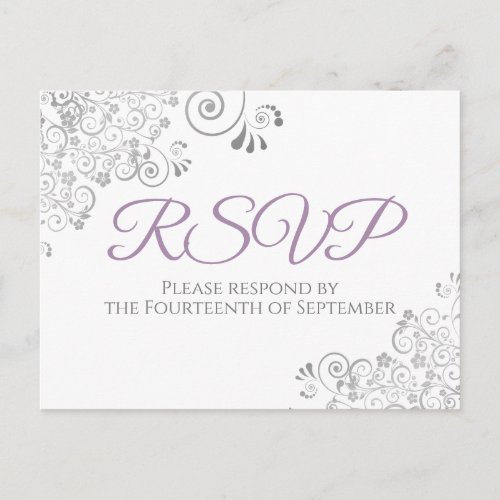 Silver Frills Simple Elegant Purple Wedding RSVP Postcard