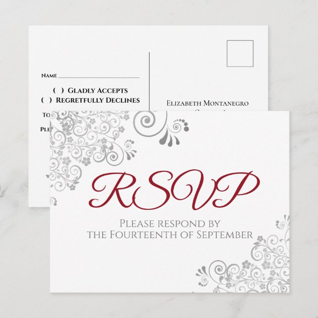 Silver Frills Simple Elegant Red Wedding RSVP Postcard (Front/Back)