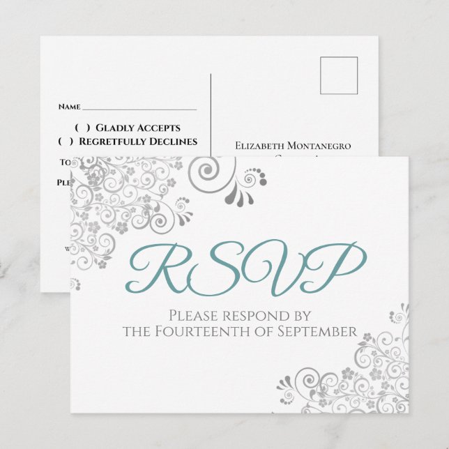 Silver Frills Simple Elegant Teal Wedding RSVP Postcard (Front/Back)