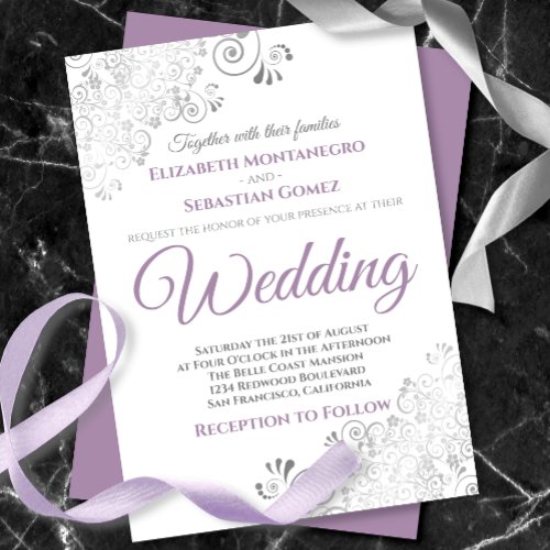 Silver Frills Simple Purple Gray  White Wedding Invitation