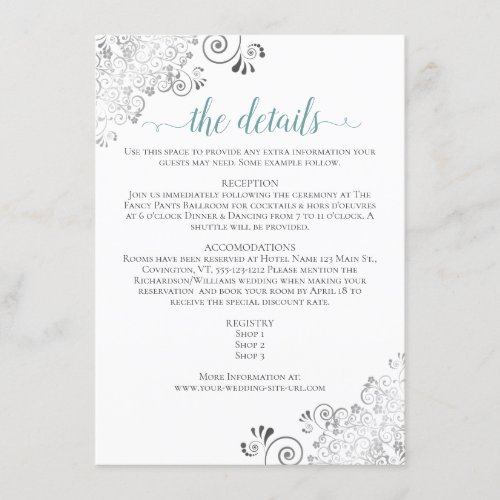 Silver Frills Teal on White Wedding Details Enclosure Card