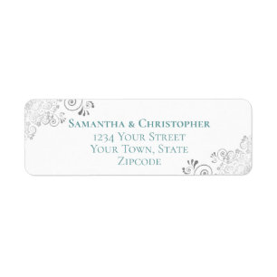 Silver Frills Teal on White Wedding Return Address Label