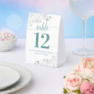 Silver Frills Teal on White Wedding Table Number Paper Table Tent