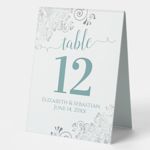 Silver Frills Teal on White Wedding Table Number Table Tent Sign