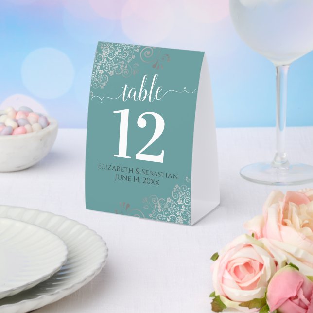 Silver Frills Teal Turquoise Wedding Table Number Paper Table Tent (Insitu(Wedding))