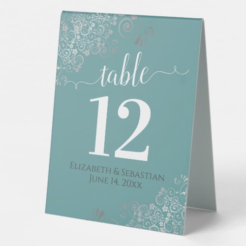 Silver Frills Teal Turquoise Wedding Table Number Table Tent Sign