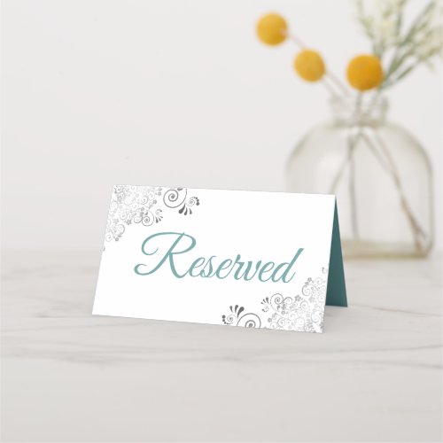 Silver Frills Teal White Elegant Wedding Reserved Place Card
