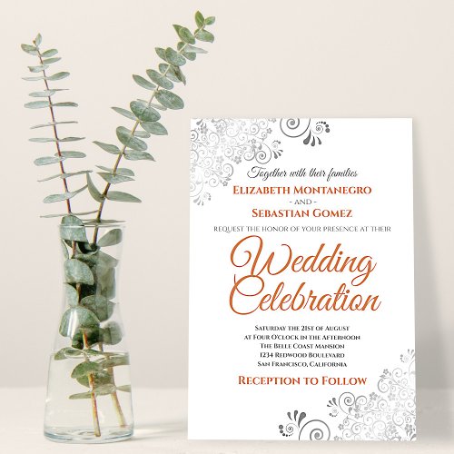 Silver Frills Terracotta Coral on White Wedding Invitation