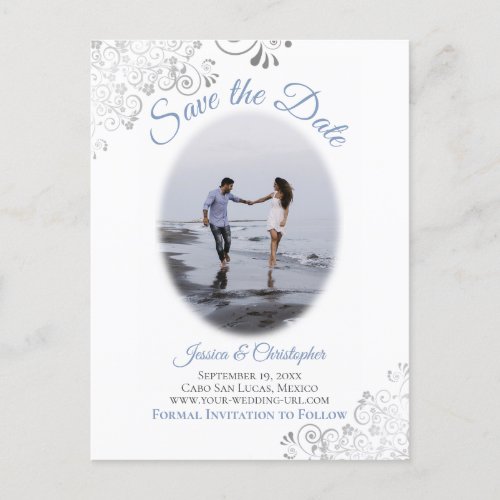 Silver Frills w Photo Blue Wedding Save the Date Announcement Postcard