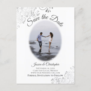 Silver Frills w/ Photo Chic Wedding Save the Date Announcement Postcard