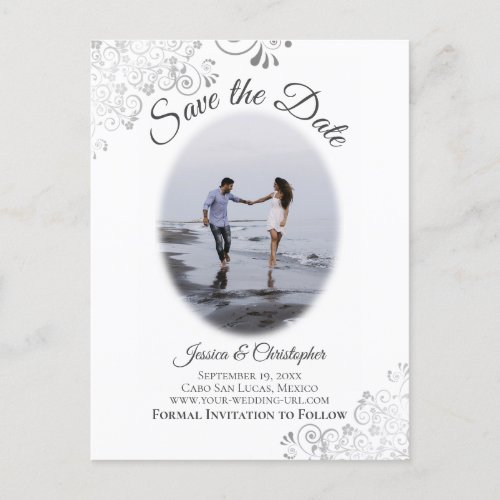 Silver Frills w Photo Chic Wedding Save the Date Announcement Postcard