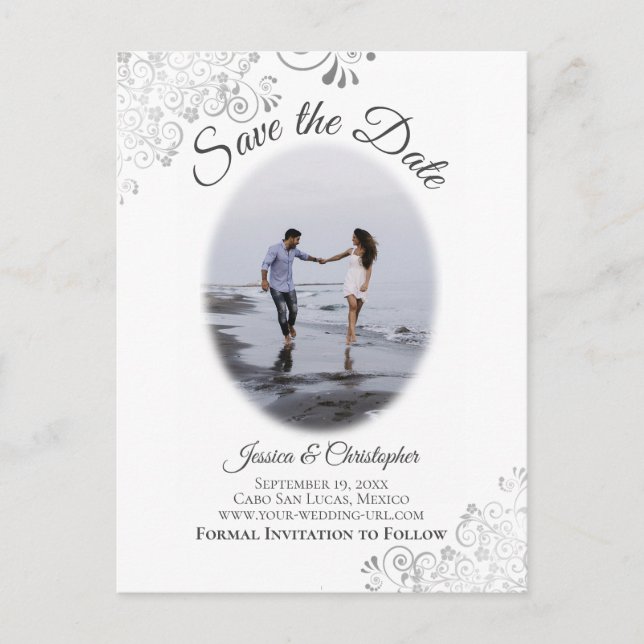 Silver Frills w/ Photo Chic Wedding Save the Date Announcement Postcard (Front)