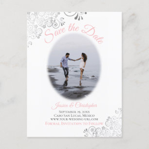 Silver Frills w/ Photo Pink Wedding Save the Date Announcement Postcard