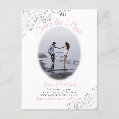 Silver Frills w Photo Pink Wedding Save the Date Announcement Postcard