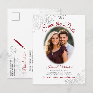 Silver Frills w/ Photo Red Wedding Save the Date Announcement Postcard