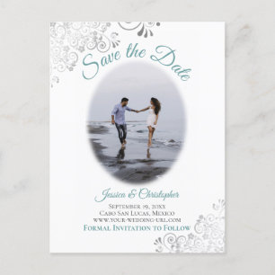 Silver Frills w/ Photo Teal Wedding Save the Date Announcement Postcard