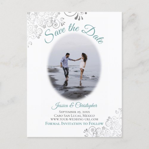 Silver Frills w Photo Teal Wedding Save the Date Announcement Postcard