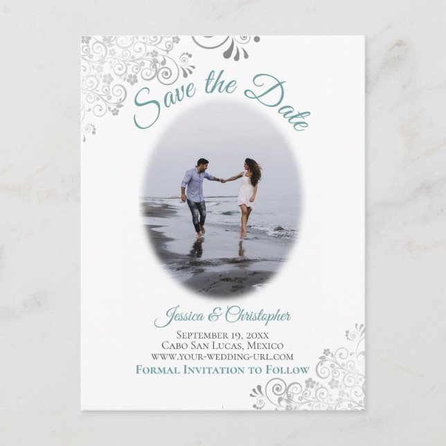 Silver Frills w/ Photo Teal Wedding Save the Date Announcement Postcard (Front)