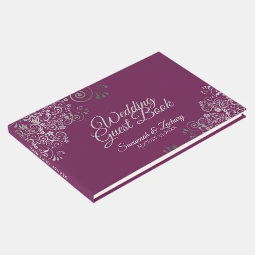 Silver Frilly Filigree Elegant Cassis Wedding Guest Book