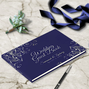 Silver Frilly Filigree Elegant Navy Blue Wedding Guest Book