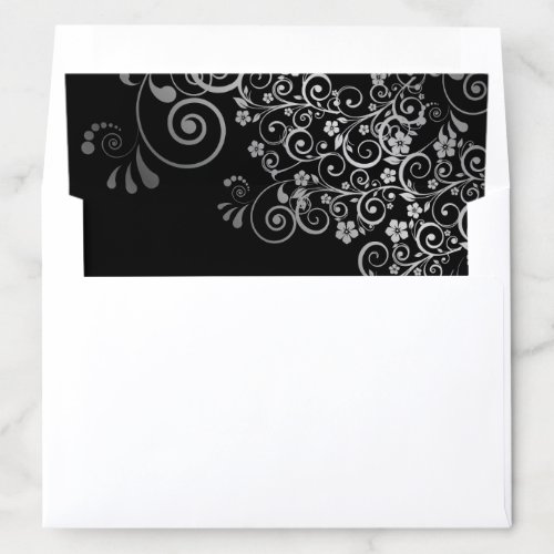 Silver Frilly Floral Filigree on Black Wedding Envelope Liner