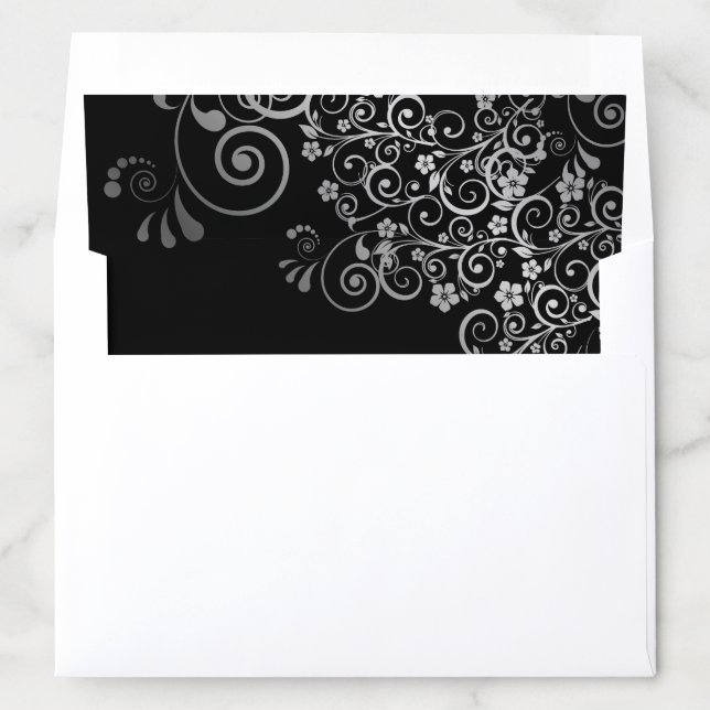 Silver Frilly Floral Filigree on Black Wedding Envelope Liner (In Envelope)
