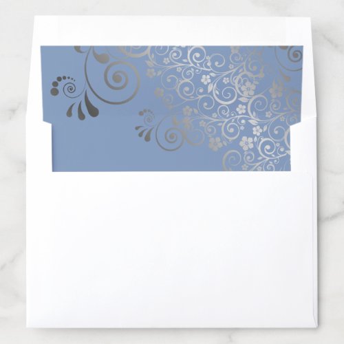 Silver Frilly Floral Filigree on Blue Wedding Envelope Liner