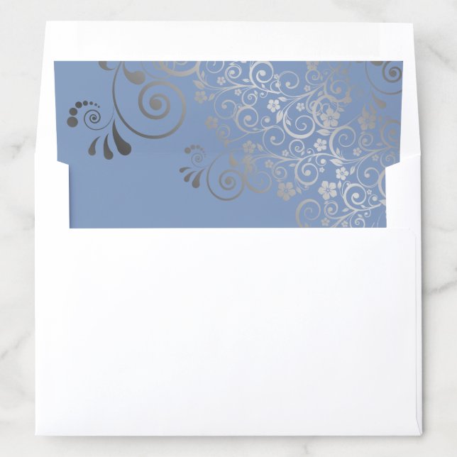 Silver Frilly Floral Filigree on Blue Wedding Envelope Liner (In Envelope)
