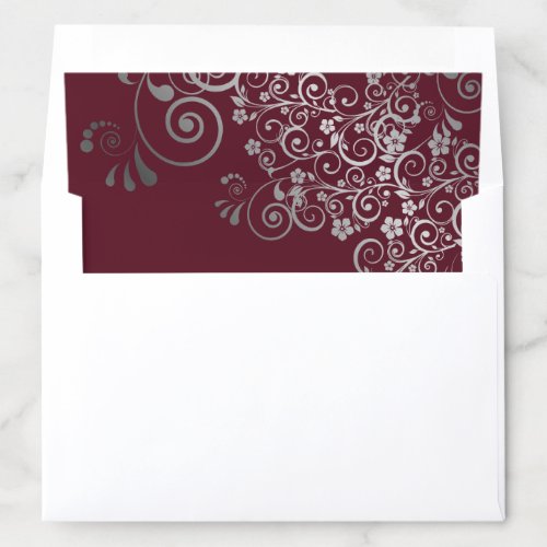 Silver Frilly Floral Filigree on Burgundy Wedding Envelope Liner