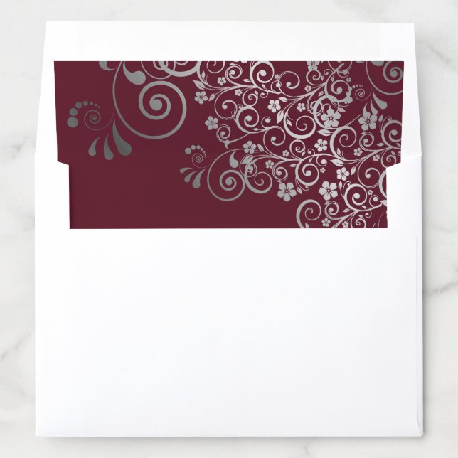 Silver Frilly Floral Filigree on Burgundy Wedding Envelope Liner (In Envelope)