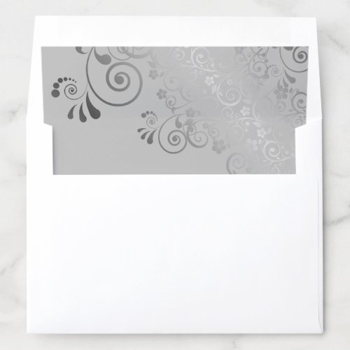 Silver Frilly Floral Filigree on Gray Wedding Envelope Liner