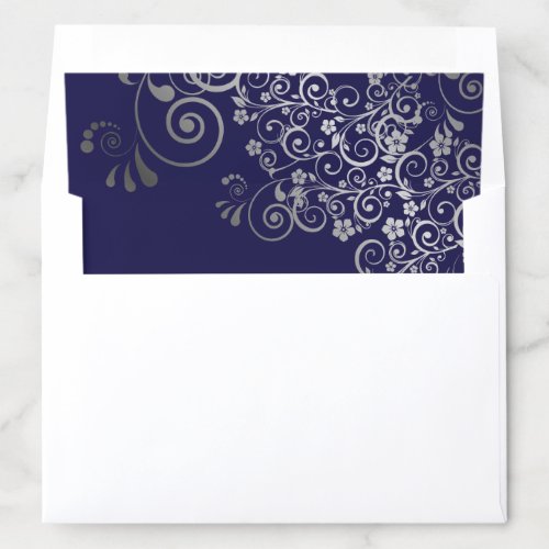 Silver Frilly Floral Filigree on Navy Blue Wedding Envelope Liner