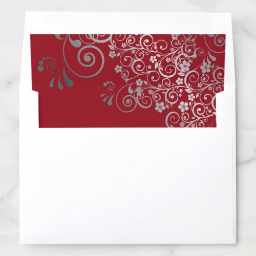 Silver Frilly Floral Filigree on Red Wedding Envelope Liner