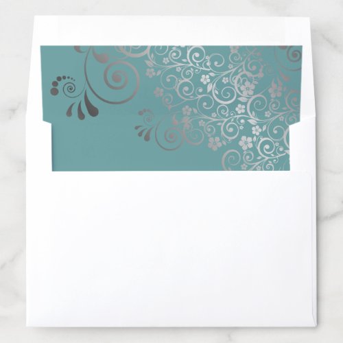 Silver Frilly Floral Filigree on Teal Wedding Envelope Liner