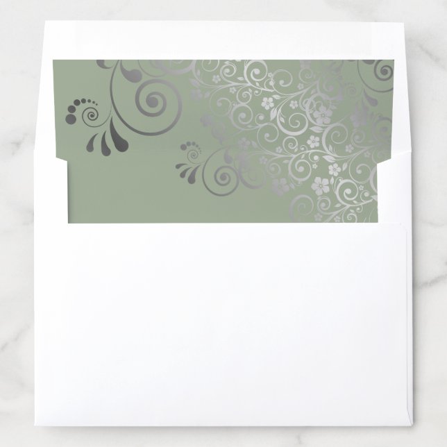 Silver Frilly Floral Filigree Sage Green Wedding Envelope Liner (In Envelope)
