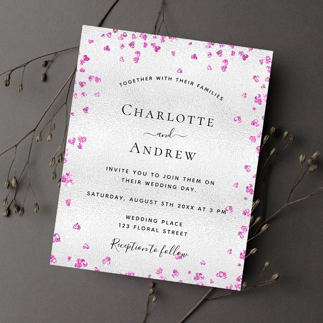 Silver fuchsia hearts budget wedding invitation (Creator Uploaded)