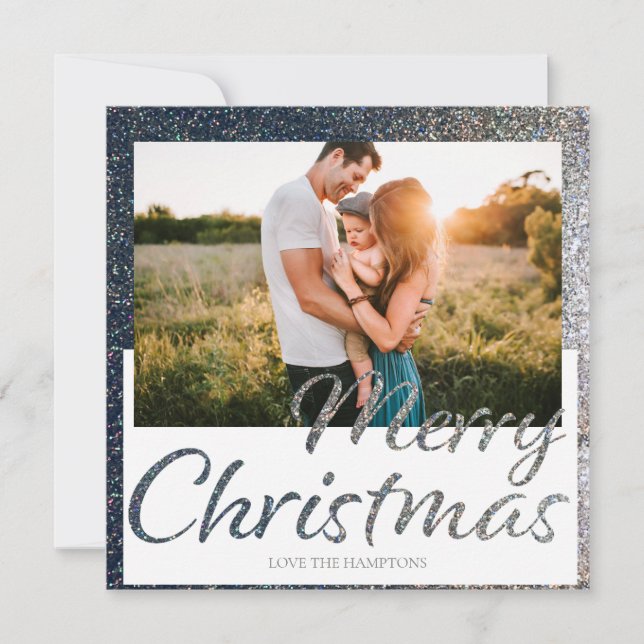 Silver Full Glitter Square Photo Christmas Card (Front)