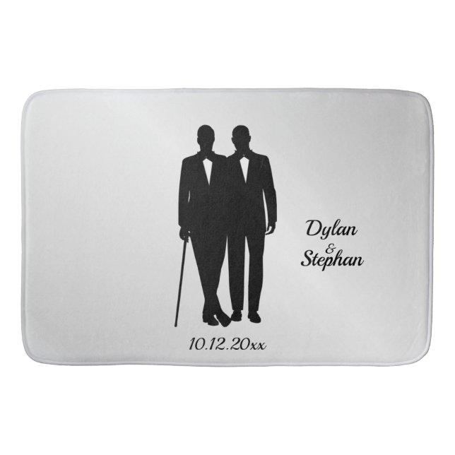 Silver Gay Wedding Grooms with Names and Date  Bath Mat (Front)