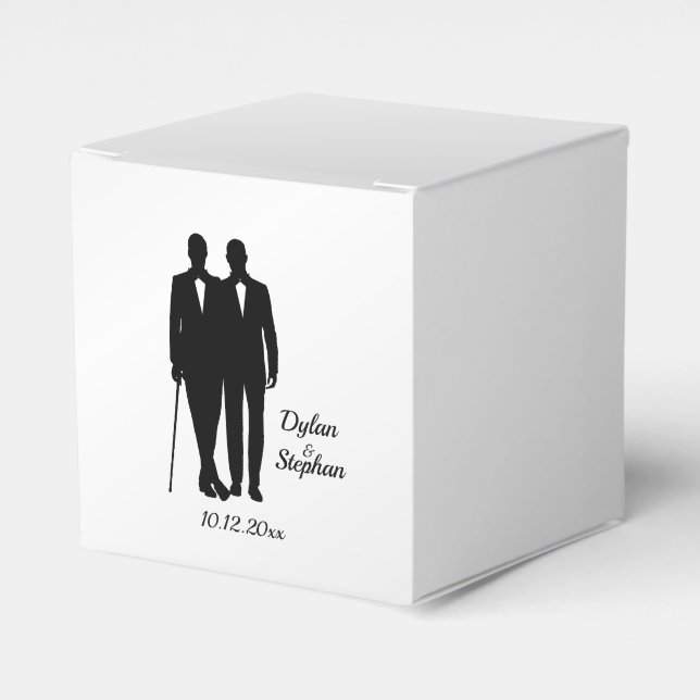 Silver Gay Wedding Grooms with Names and Date  Favor Boxes (Front Side)