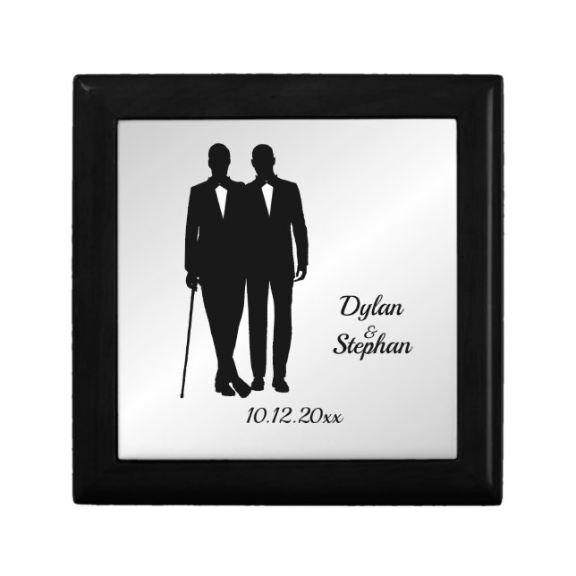 Silver Gay Wedding Grooms with Names and Date  Gift Box (Front)