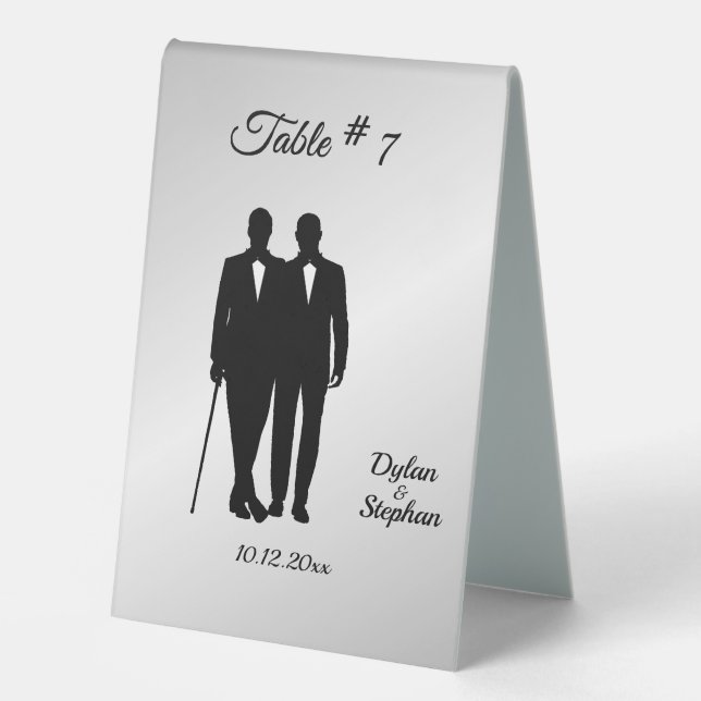 Silver Gay Wedding Grooms with Names and Date  Table Tent (Front)