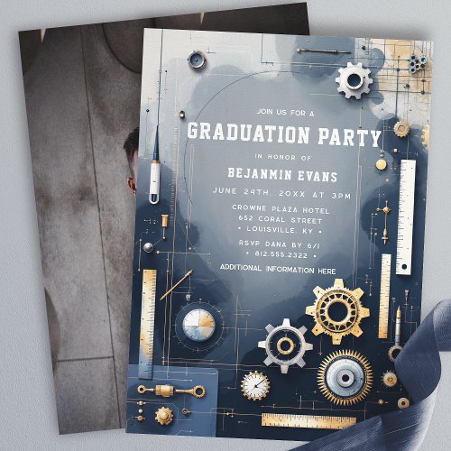 Silver Gears Engineering Graduation Photo Invitation