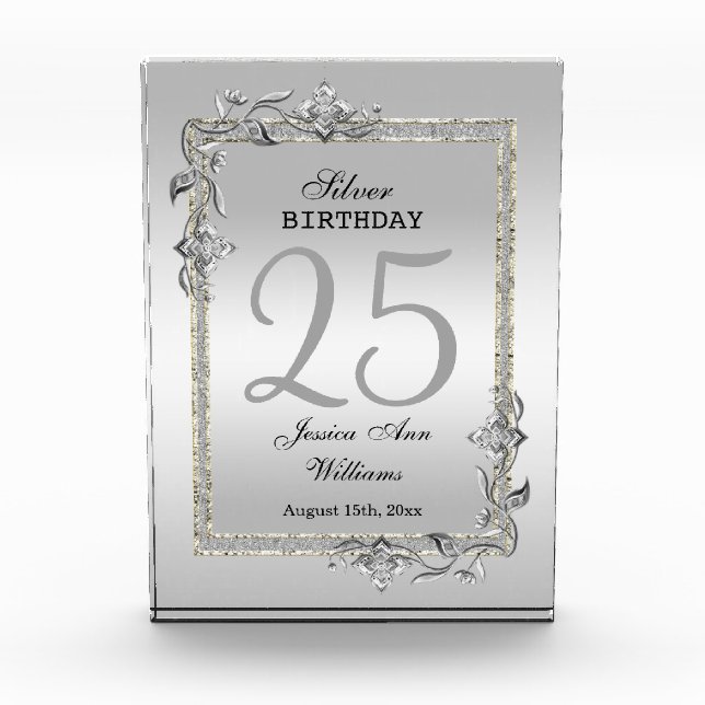 Silver Gem & Glitter 25th Birthday Party Acrylic Award (Front)