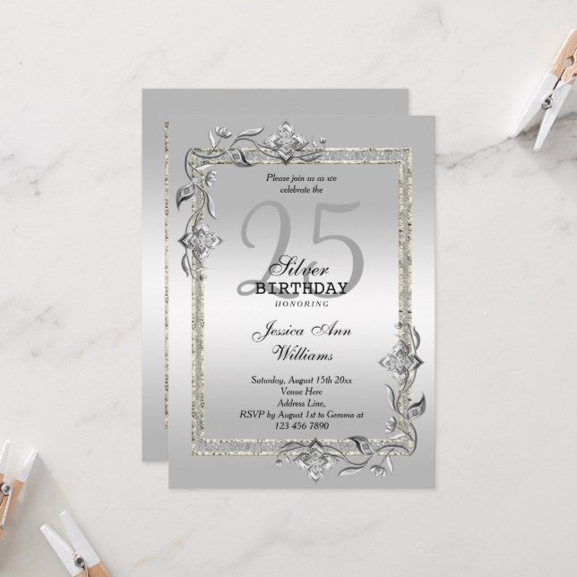 Silver Gem & Glitter 25th Birthday Party Invitation (Front/Back In Situ)